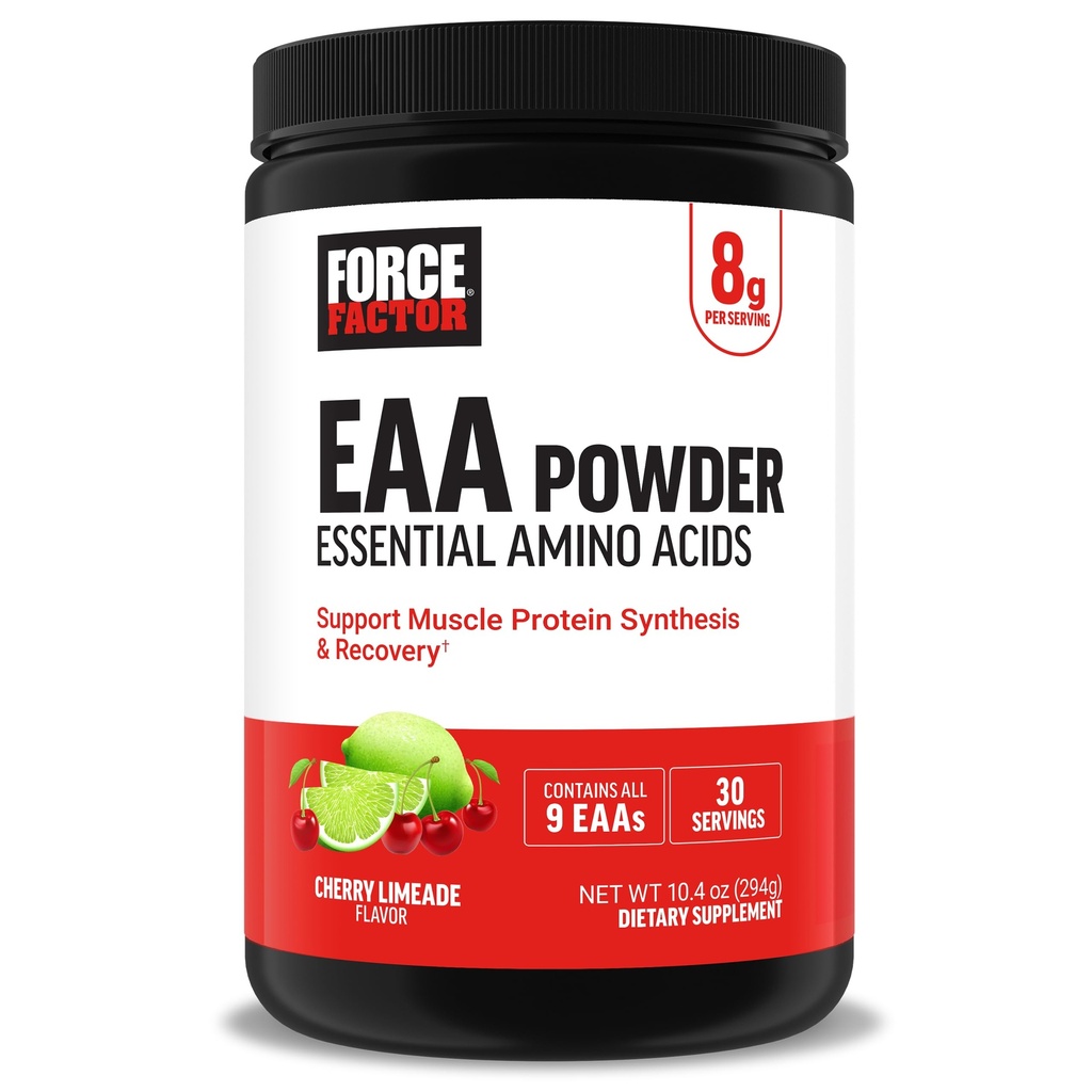 Force Factor Essential Amino Acids, Full Spectrum EAAs Amino Acids Powder, Amino Acids Supplement for Women and Men to Support Healthy Muscle and Workout Recovery, Cherry Limeade, 30 Servings