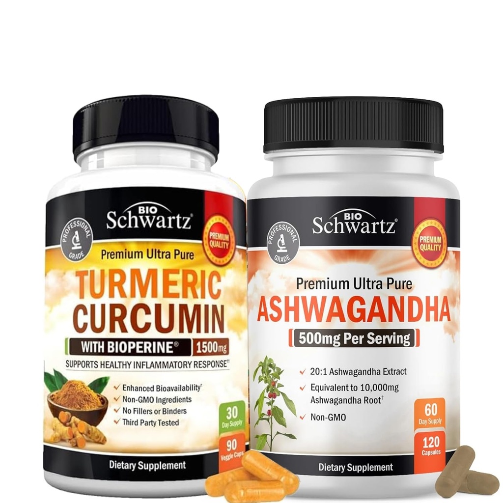 Extra sterkte Ashwagandha capsules (2 maanden supply) Plus Kurkuma Curcumine met Black Pepper Extract 1500mg Complex (Trial Size)