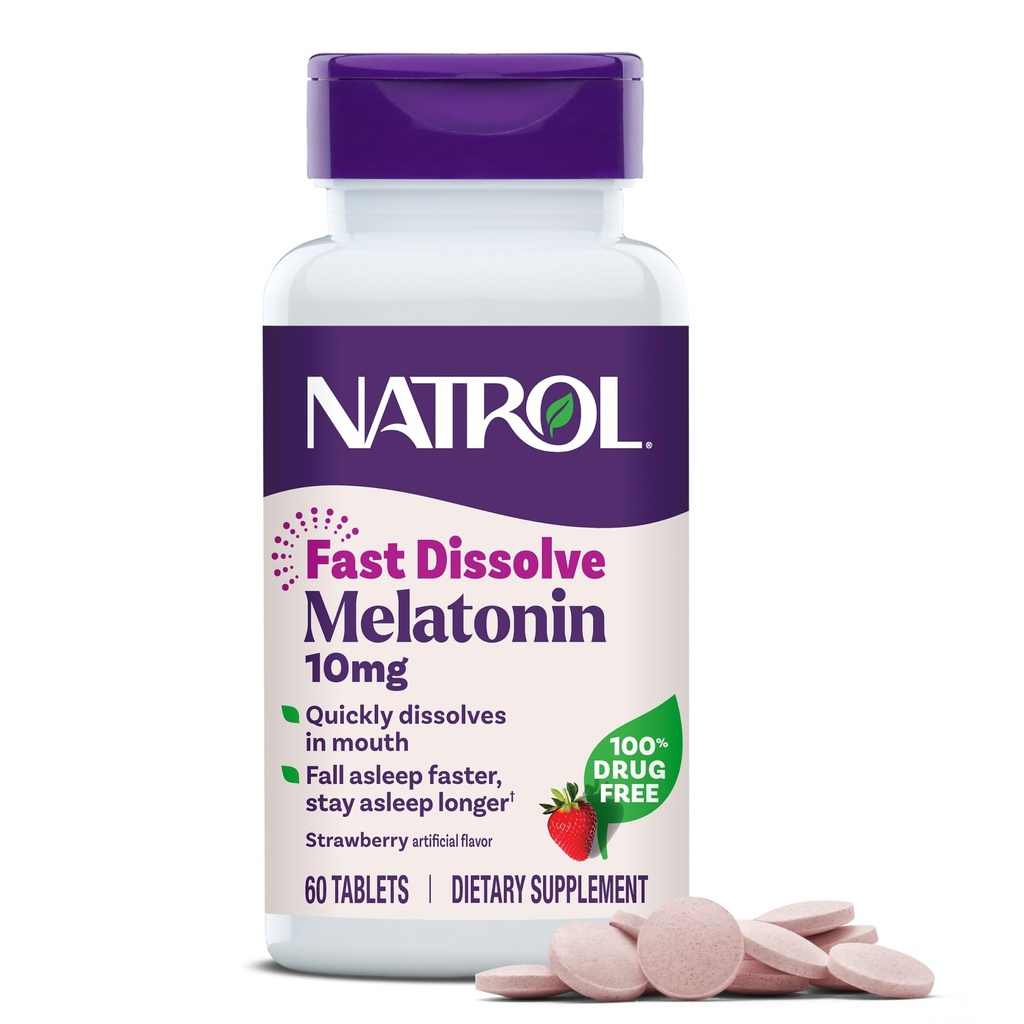 Natrol Melatonine 10mg Fast Solution Tablets - Aardbei smaak, 60 Tellen, Slaap Ondersteuning, Snel oplossen Melatonine voor volwassenen, 60-dagen Supply