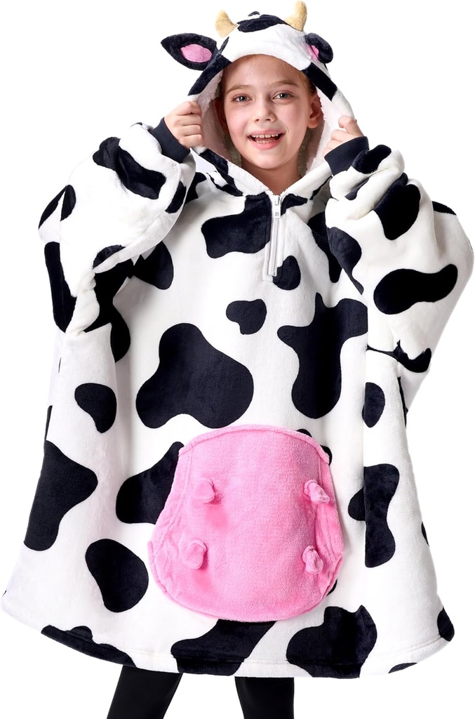 Giggling Getup Draagbare deken Hoodie voor meisjes en jongens Sherpa Fleece Hooded deken Sweatshirt Warm Gezellig Sherpa Wearable Gooi Oversized Hoodie met Giant Pocket & Sleeves voor Kids Cow