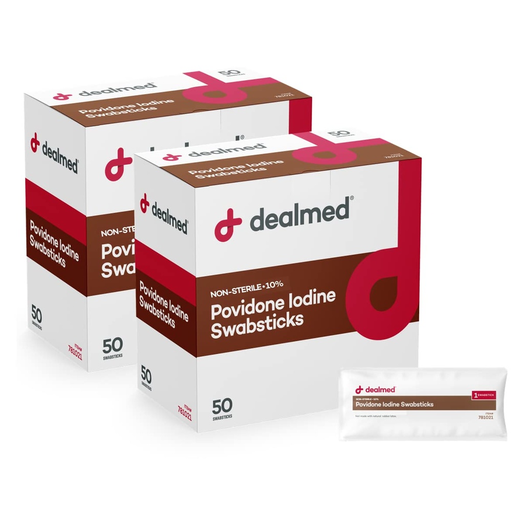 Dealmed Povidone Jodium 10% Swabsticks - Individually Sealed Packets Perfect voor wondverzorging en draagbare eerste hulpkits, 50/box (verpakking van 2)