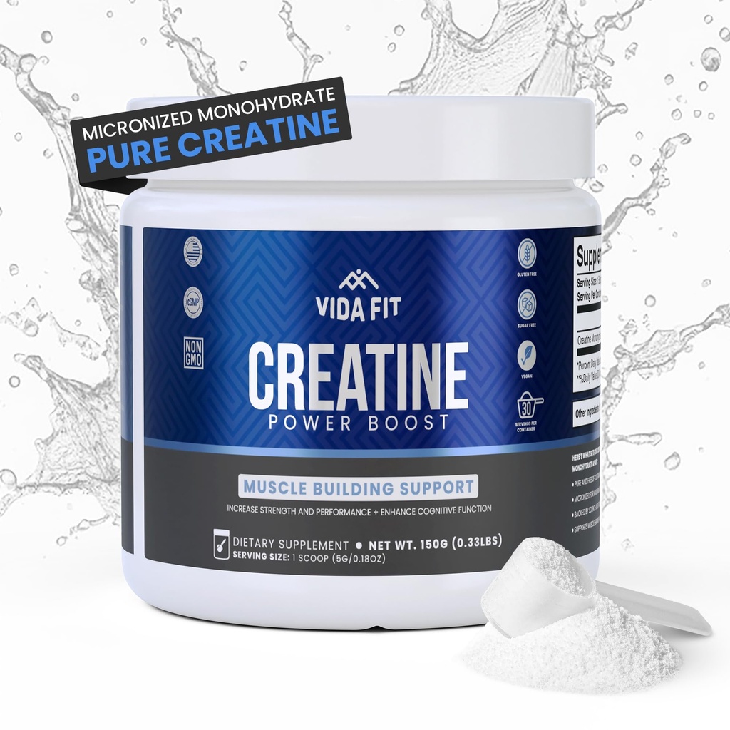 Gemicroniseerd Creatine Monohydraat Poeder, Vegan Creatine Poeder Niet gearomatiseerd, Supplementen voor mannen, Pure Workout Essentials voor vrouwen, NSF gecertificeerd (150g) (5g Per Serv) (30 Servers) - Vida Fit
