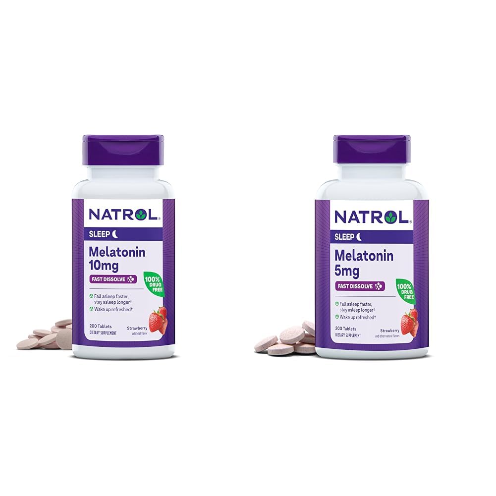 Natrol Melatonine 10mg 200 tabletten & 5mg 200 tabletten Strawberry-Flavored Fast-dissolve sleepsupport Dieetsupplement Bundle
