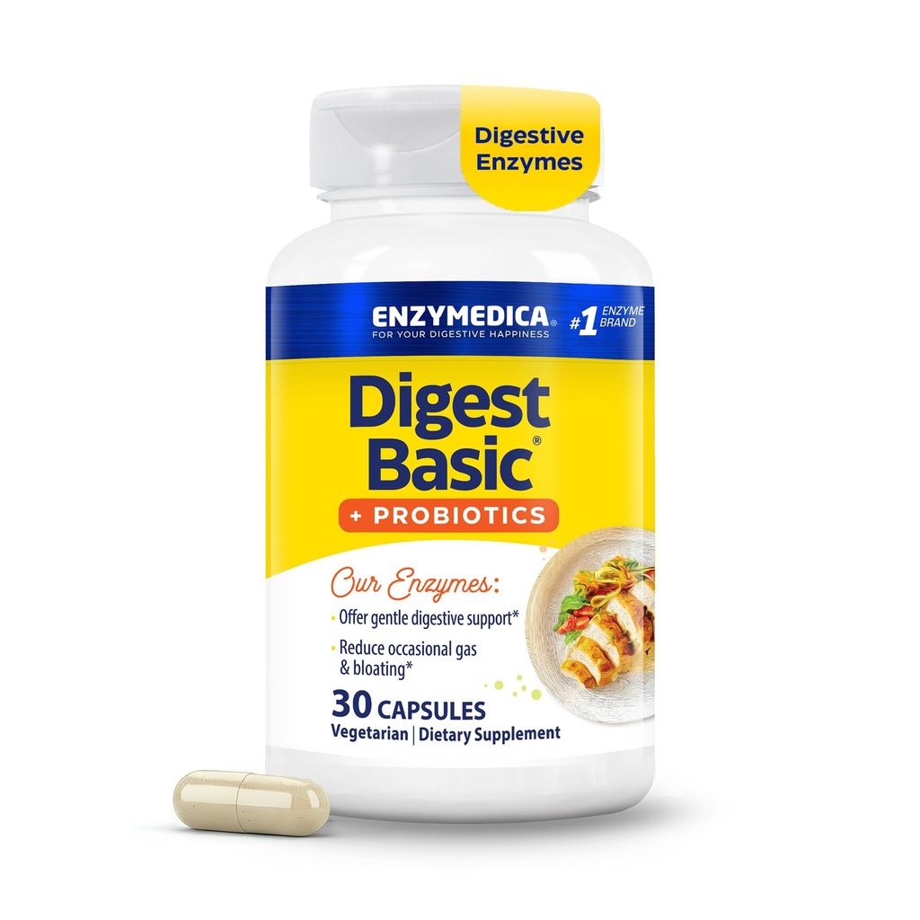 Enzymedica, Digest Basic + Probiotica, Gentle Digestieve enzymen met 400 miljoen CFU actieve culturen per capsule, 30 capsules