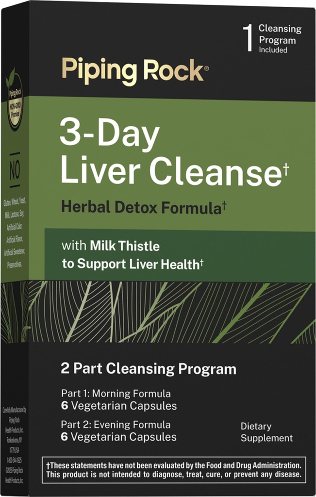 Piping Rock 3-Day Liver Cleanse | 12 Capsules | Herbal Detox Formula | with Milk Thistle | Vegetarian, Non-GMO, Gluten Free
