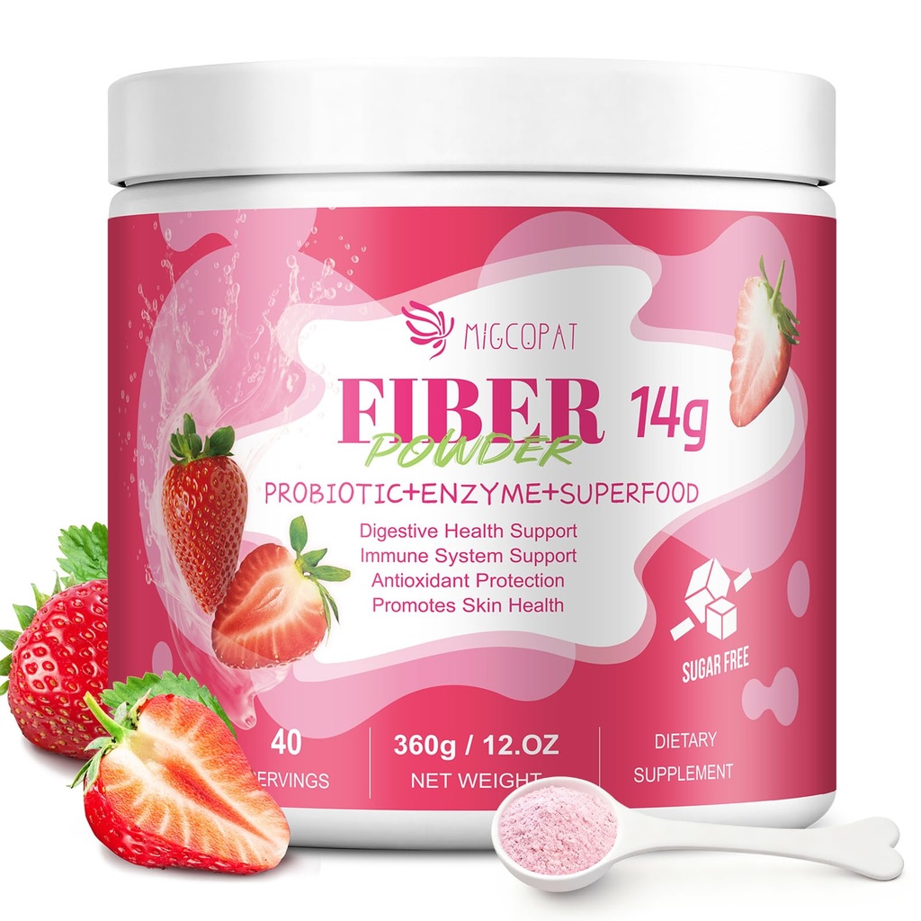 Migcopat 14G Fiber Supplement with Probiotics, Prebiotics, Digestive Enzymes, Vitamin C, Magnesium, Fruit&Herb Powder, Fiber Powder for Digestive Health & Skin Health, No Sugar, Strawberry, 40 Serv.