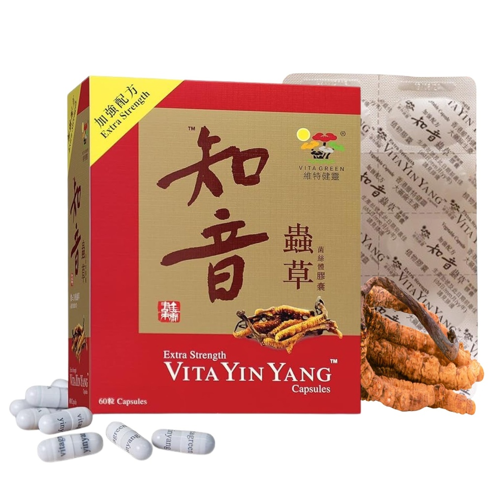 Vita Green Yin Yang Cordyceps Mycelium Herbal Supplement (知音蟲草) - Supports Respiratory Wellness, Energy, and Liver & Kidney Health - 60 Capsules