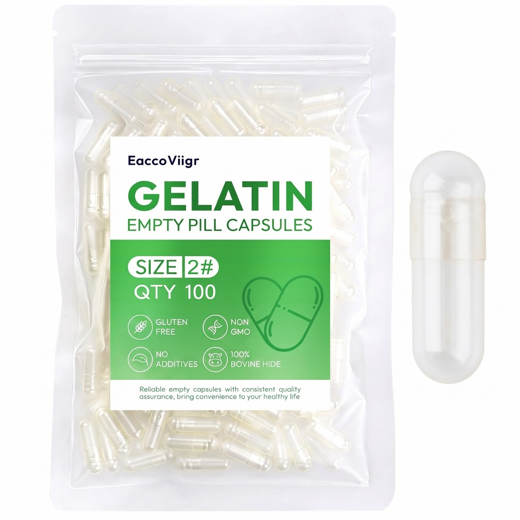 Size 2 Gelatin Empty Capsules - 100 Count Clear Empty Pill Capsules, Fillable Empty Gel Capsule for Homemade Vitamins & Powders, Easy for DIY Supplements