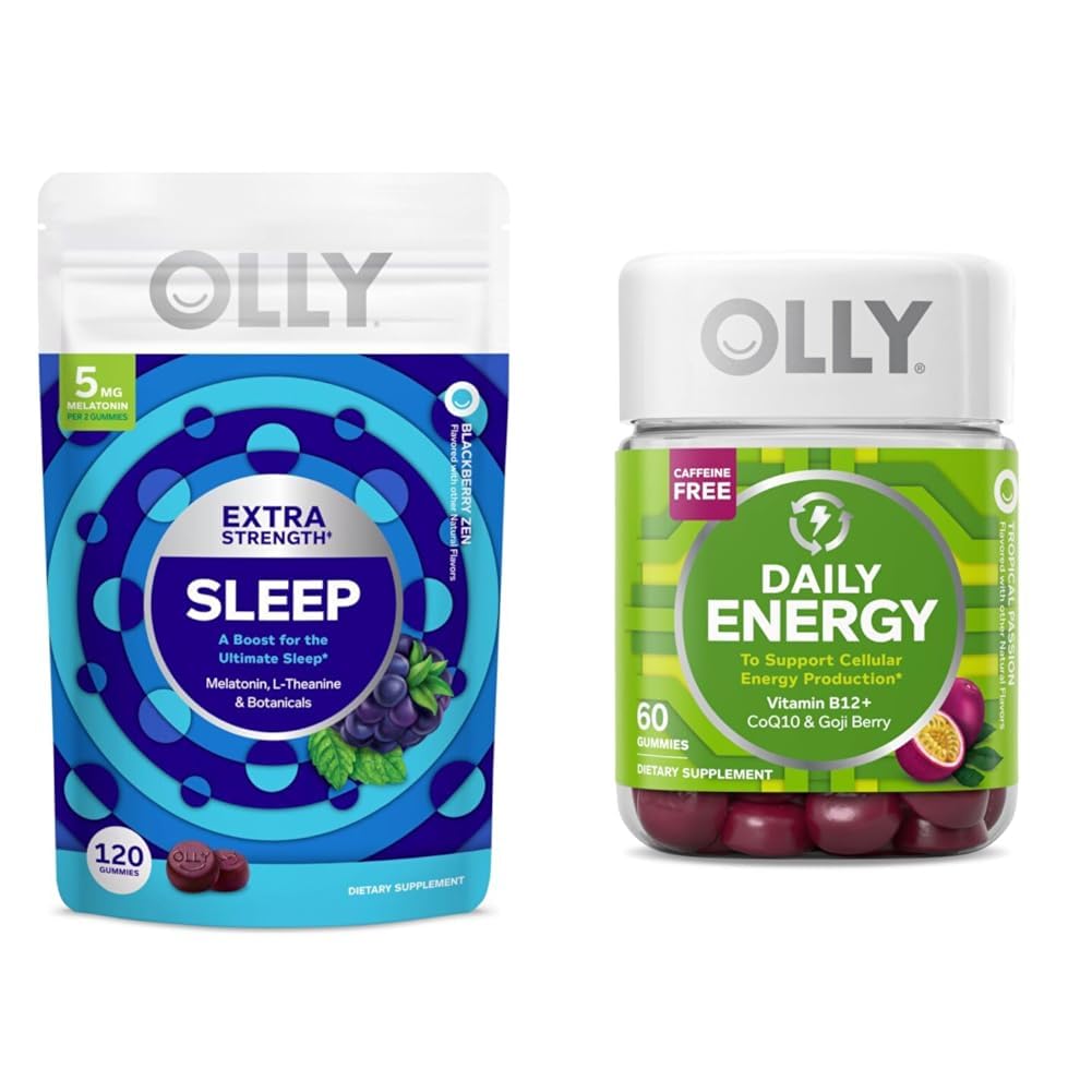 OLLY Sleep & Energy Gummies Bundle - Melatonin, L-Theanine, B12, CoQ10-120 + 60 Count
