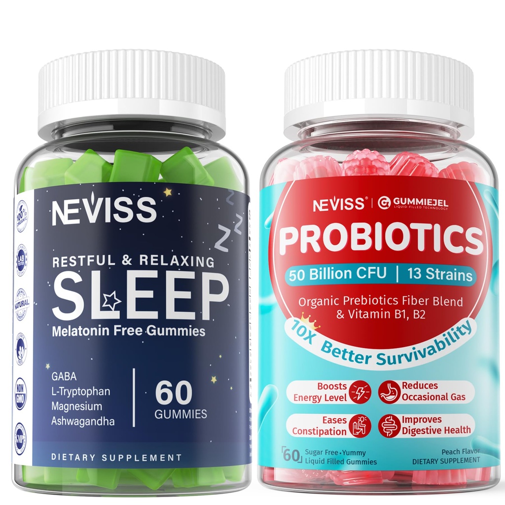 NEVISS Melatonin Free Sleep Aid Gummies & Sugar Free Probiotics Gummies