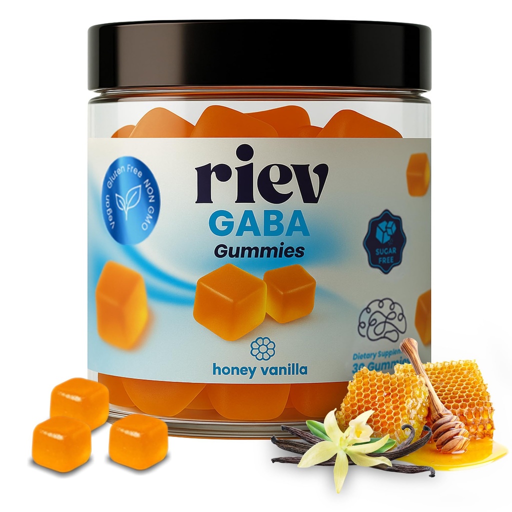 riev GABA Gummies – Honey Vanilla Flavor – with Vitamin B6, Magnesium, Chamomile, Lemon Balm & L-Theanine – Vegan, Sugar-Free, Non-GMO – Nighttime Relaxation Support – 30 Gummies