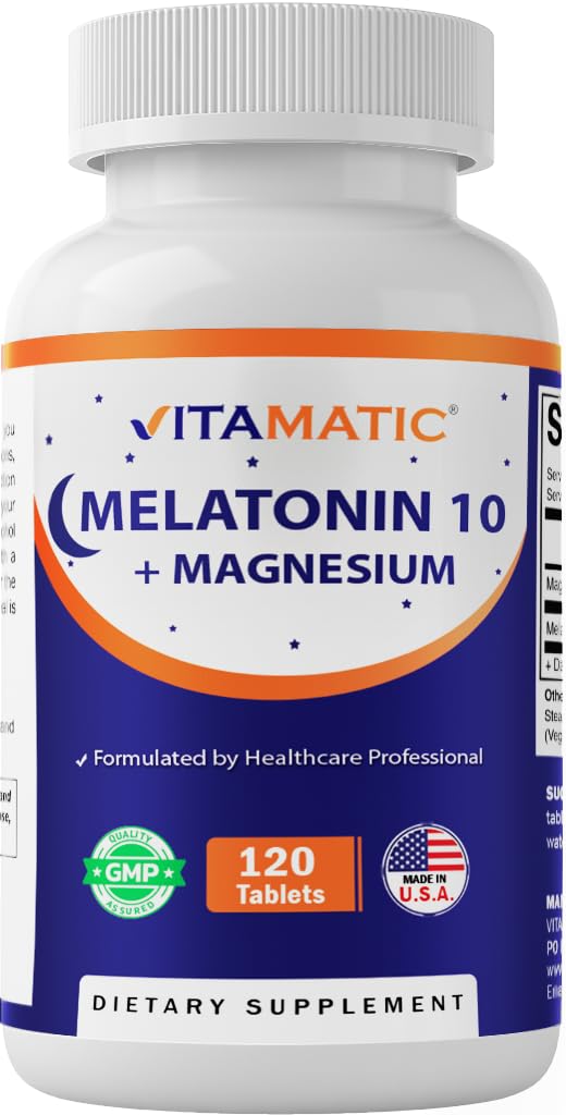 Vitamatic Melatonin 10 mg with Magnesium 200 mg 120 Tablets - High Potency Sleep Support Supplement, Non-GMO, Sugar-Free, No Artificial Colors or Preservatives