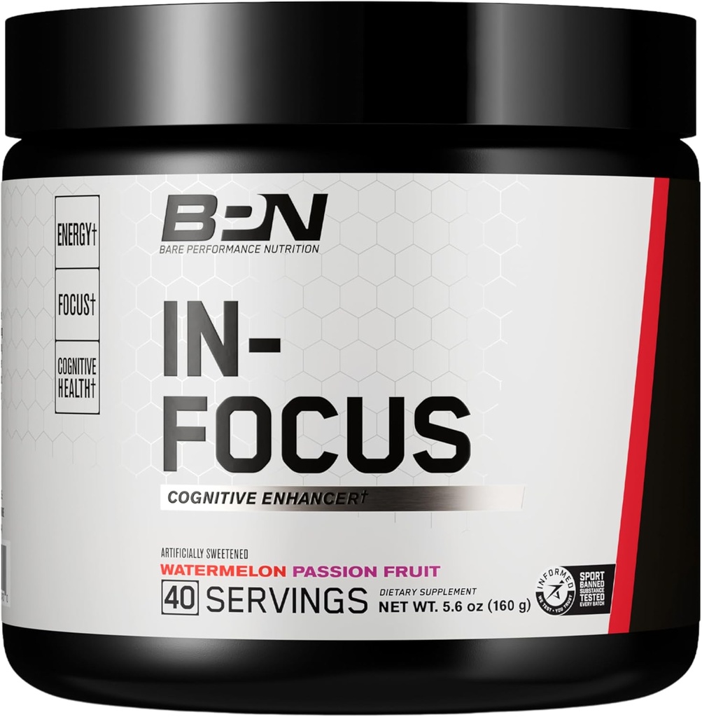 BARE PERFORMANCE NUTRITION, BPN in-Focus Brain Support Supplement, Verbeter Focus & Energy, Alpha GPC, Watermeloen Passionfruit, 40 porties
