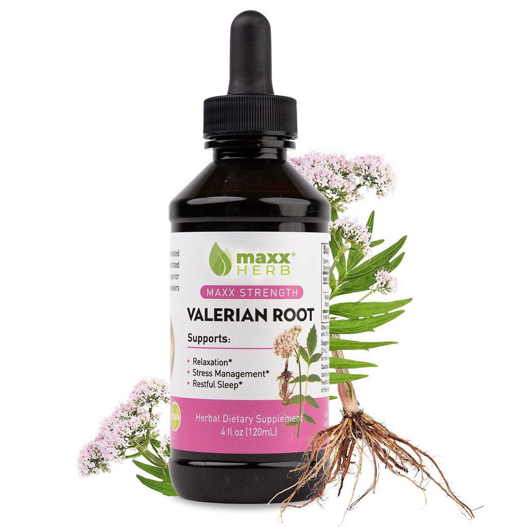 Maxx Herb Valeriaanwortelextract - maximale sterkte, vloeibare Valeriaanwortelabsorbeert beter dan capsules, voor ontspanning en rustgevende slaap, alcoholvrije - 4 Oz fles (60 porties)