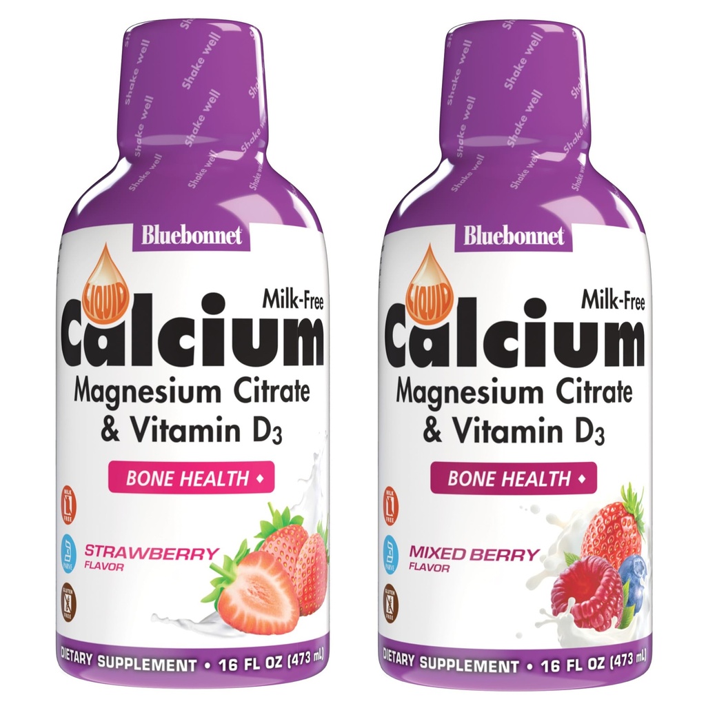 Bluebonnet Nutrition Liquid Calcium Magnesium Citrate & Vitamin D3 Daily Bone Support Supplement - Strawberry & Mixed Berry Bundle