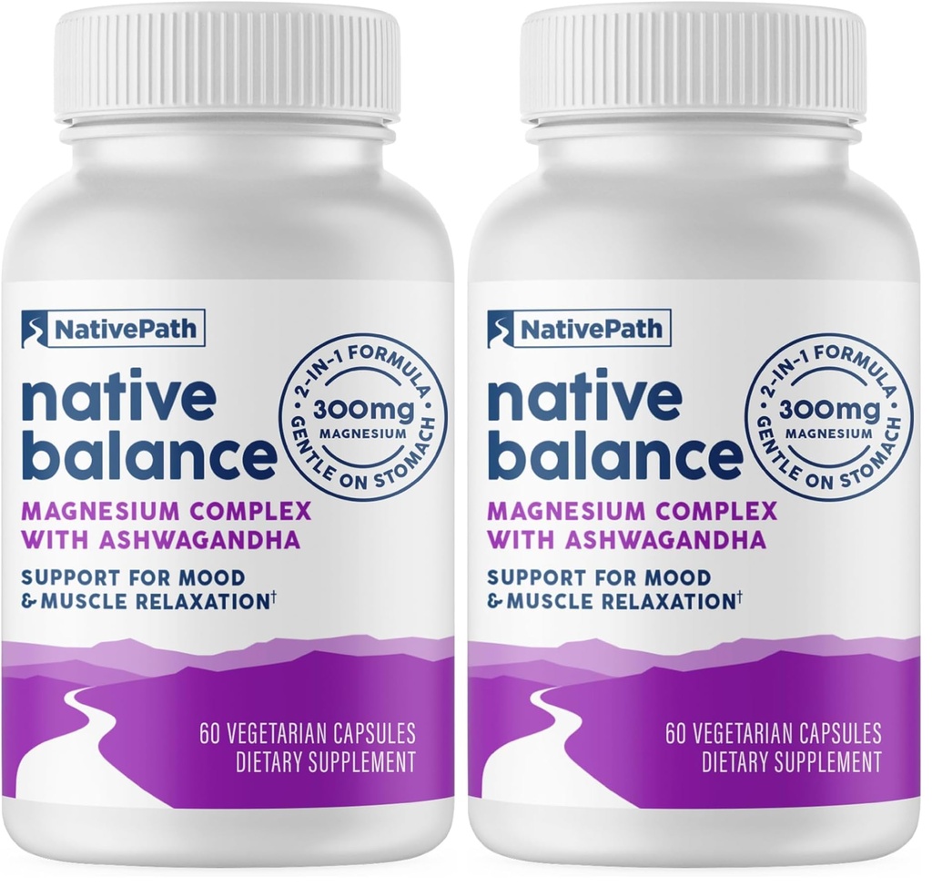 NativePath Native Balance Magnesium Supplement with Ashwagandha - High Absorption Aquamin Ocean-Sourced Formula - 60 Capsules (Pack of 2)