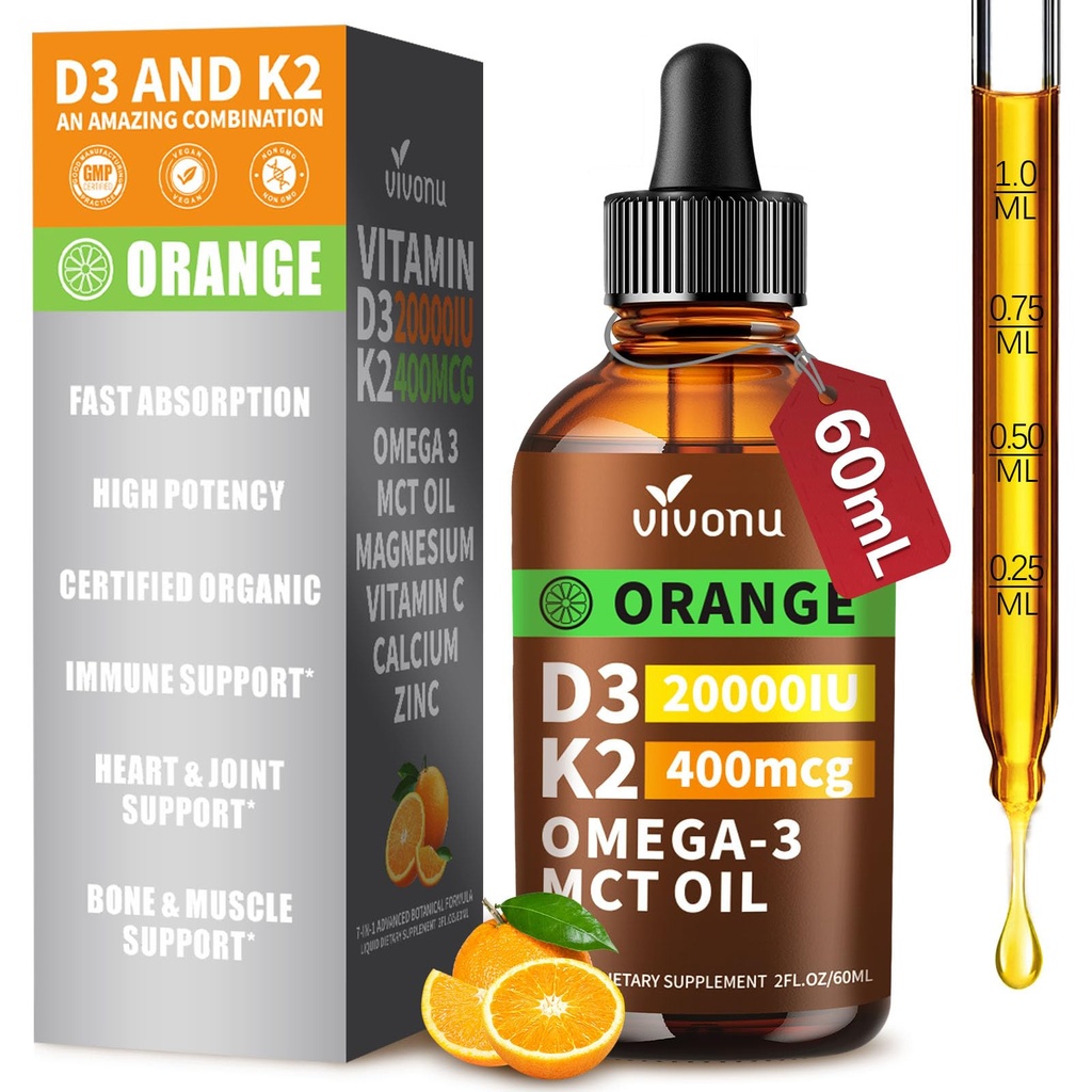 VivoNu Vitamin D3 K2 Drops, D3 20000 IU & K2 as MK-7 400mcg with Magnesium, Calcium