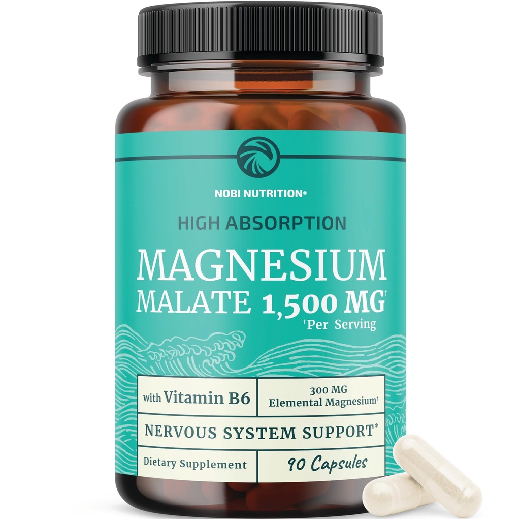 Magnesium Malate 1500MG | Energy & Nervous System Support | 300MG Elemental Mag Per Serving | High Absorption Magnesium Malate Capsules with VIT B6 + Black Pepper | Non-GMO | 90 Ct (1 Month Supply)