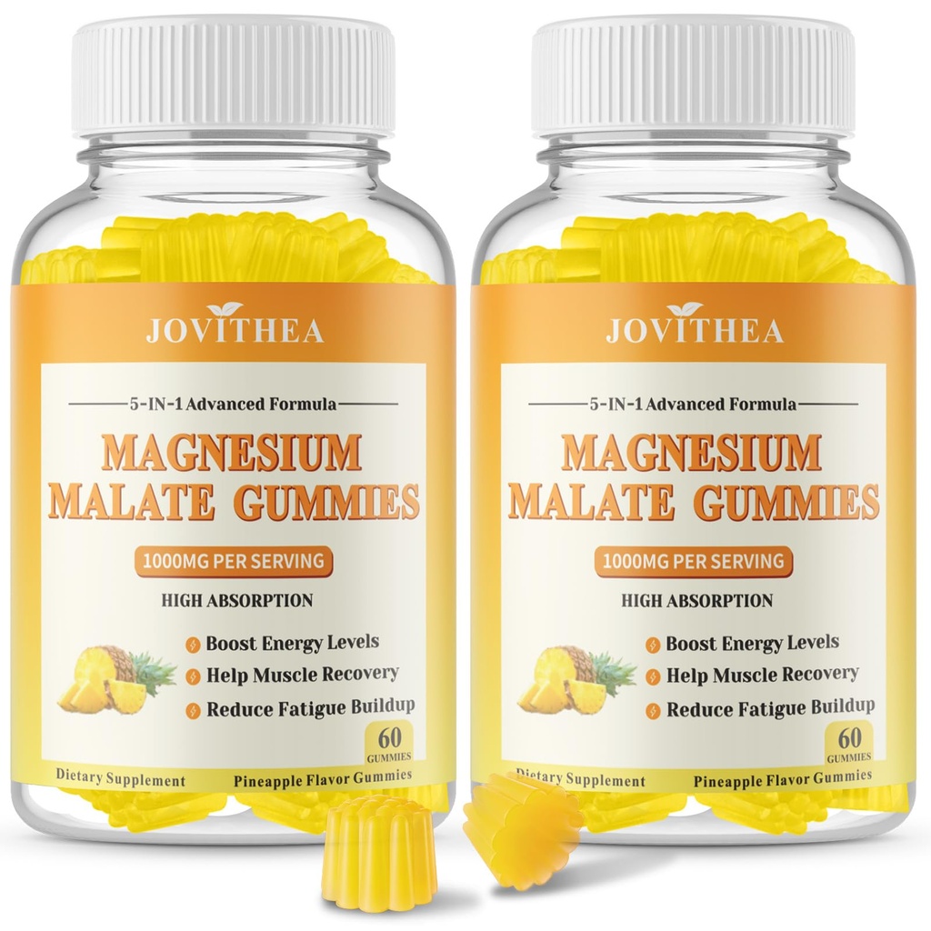 2 Pack Magnesium Malate Gummies 1000mg, High Absorption Magnesium Supplements for Adults & Kids, with L-Theanine, CoQ10 & Vitamin B6, Support Energy Production, Muscle Function, Non-GMO, Vegan, 120Ct