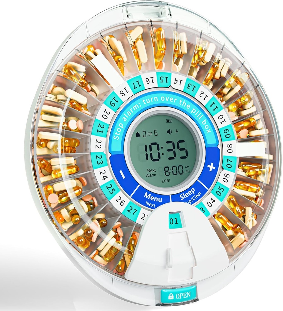 Windtrace Automatische pildispenser voor ouderen, elektronische maandelijkse pil Organisator met alarm & licht, 28 dagen Smart Lock Medicatie Dispenser, Getimede pildispenser Machine voor