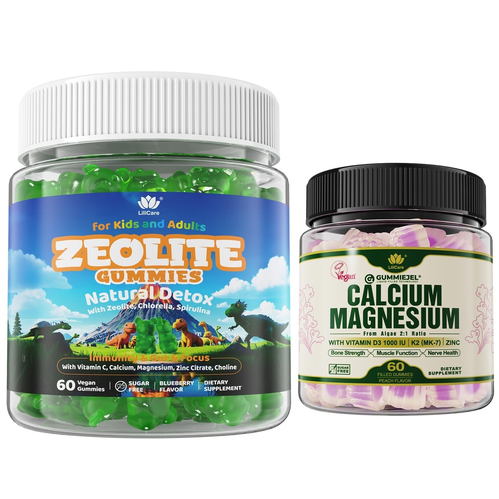 LILICARE 2 Pack Zeolite Detox Gummies for Kids & Adults + 1 Pack Calcium Supplement 600mg with Vitamin D3 K2