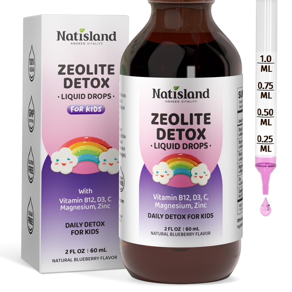 Zeolite Detox for Kids, 200mg Clinoptilolite Zeolite Drops Liquid Gentle for Kids Adults, with Methyl Vitamin B12, D3 & C, Cleanse and Energy, Blueberry Flavor, 2 Fl Oz