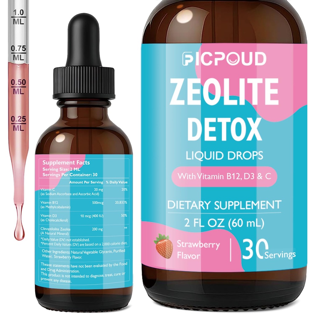 Zeolite Detox for Kids & Adults – Pure Zeolite clinoptilolite Liquid Drops with Vitamin B12, C & D3 – Gentle Daily Cleanse for Gut, Immune, Energy & Speech Support, Strawberry Flavor, 2 Fl Oz