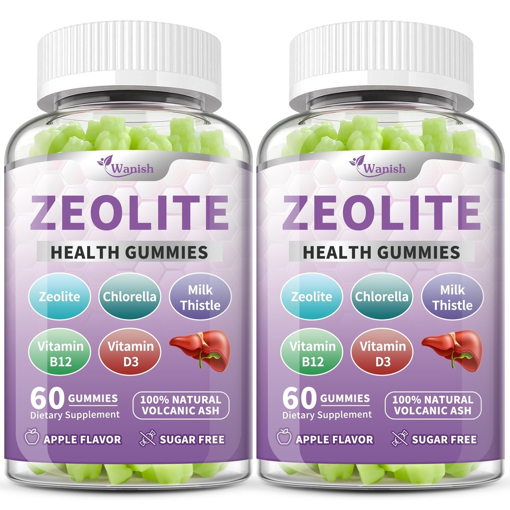 Wanish (2 Packs) Zeolite Gummies for Adults - Zeolite Clinoptilolite, Chlorella, Milk Thistle & Vitamins- Supports Immune Health, Gut and Liver, Vegan, Non-GMO, Sugar Free, Apple Flavor, 120 Count