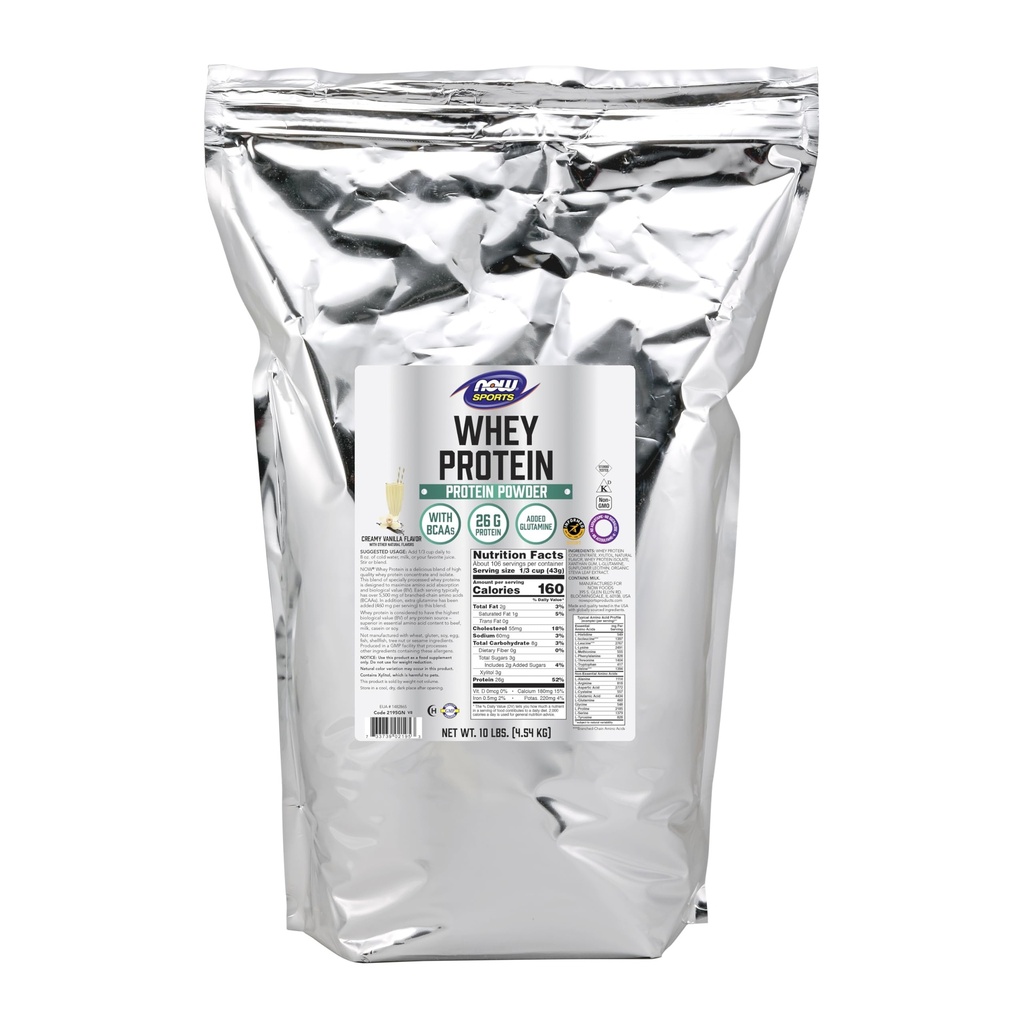 NOW Foods Sports Nutrition, Whey Protein, 26 G With BCAAs, Creamy Vanilla Powder, 10-Pound