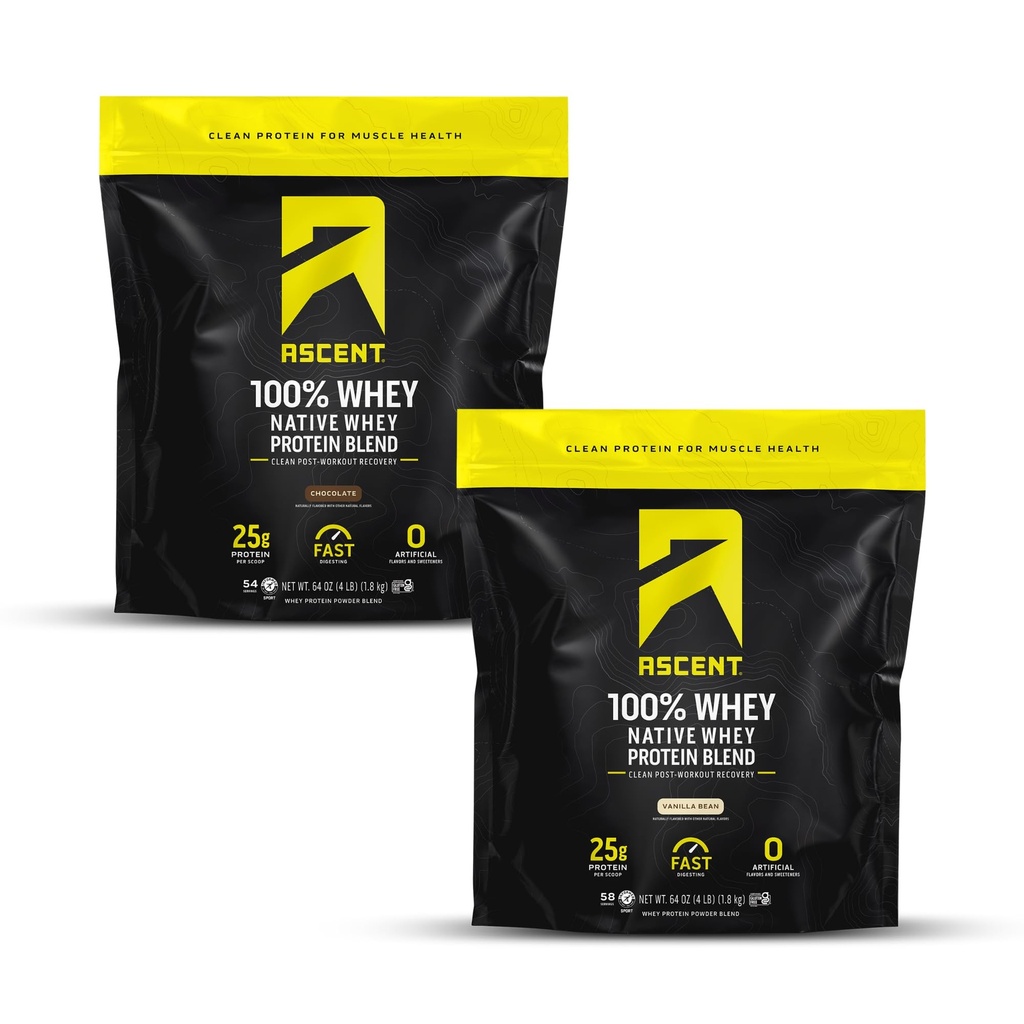 Ascent 100% Whey, Native Whey Protein Blend - Clean Post Workout Recovery, Digesting, Zero Artificial Flavors & Sweeteners, Gluten Free, 5.5g BCAA, 2.6g Leucine, Vanilla 4lb + Chocolate 4lb