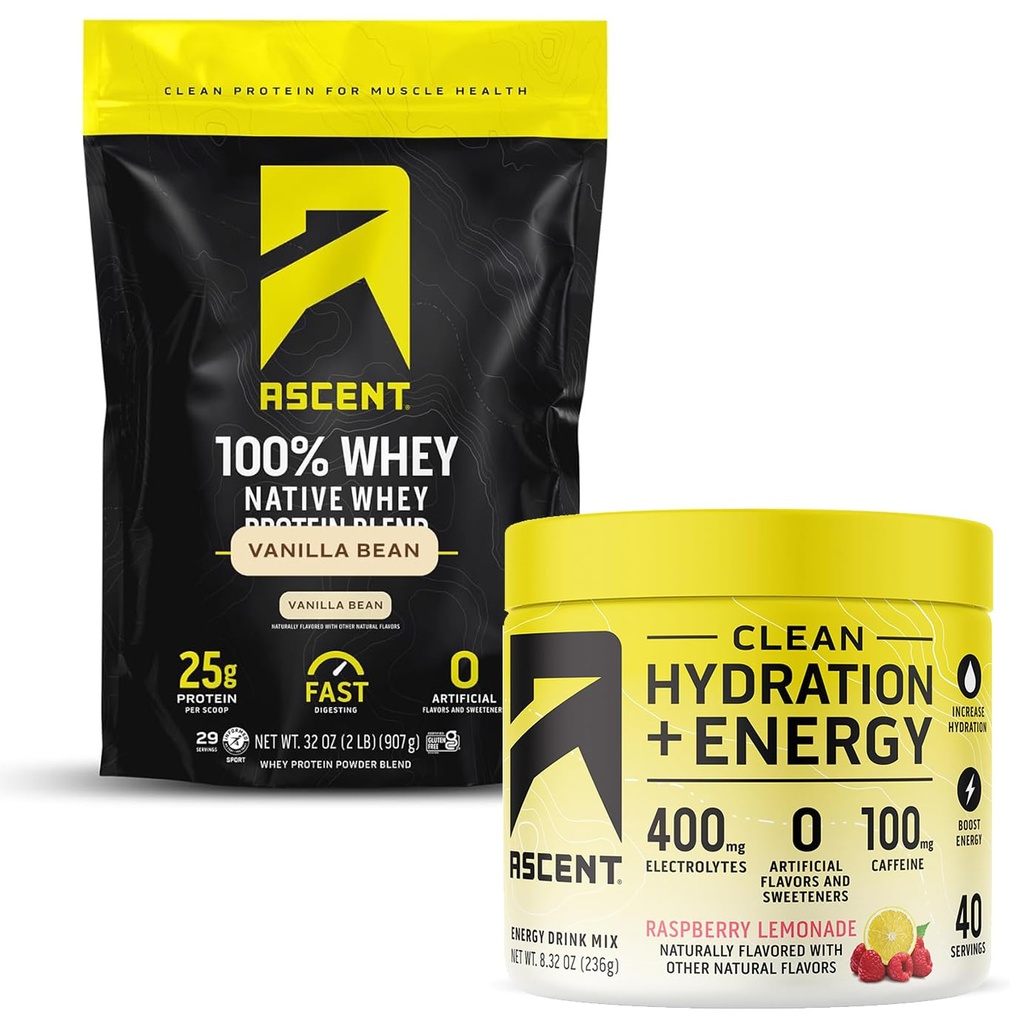 Ascent 100% Whey Protein Powder, Vanilla Bean 2 lb & Hydration + Energy Electrolytes, Raspberry Lemonade 40 Servings