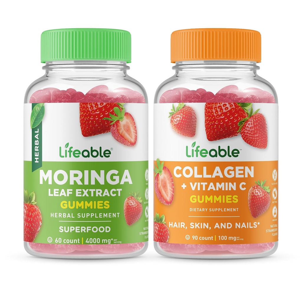 Lifeable Moringa Leaf + Collagen & Vitamin C, Gummies Bundle - Great Tasting, Vitamin Supplement, Gluten Free, GMO Free, Chewable Gummy