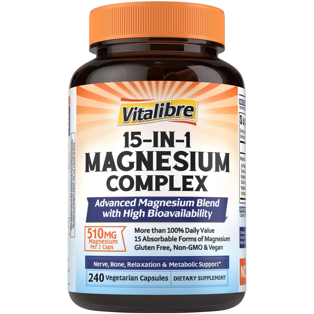 Vitalibre 15 in 1 Magnesium Complex Supplement 510mg | Maximum Absorption Glycinate, Malate, Taurate, Citrate and More for Bones, Heart, Recovery, Energy | Non-GMO, 240 Capsules