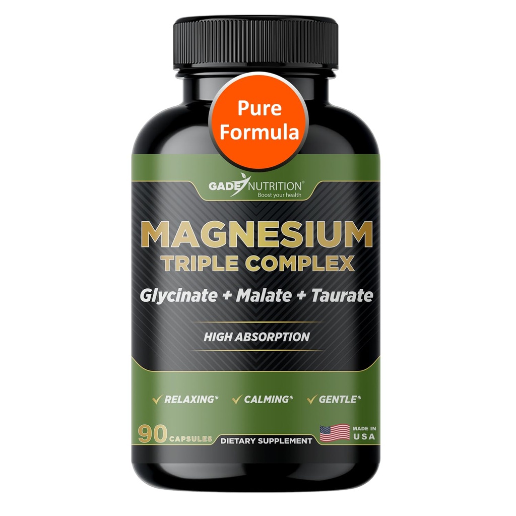 Gade Nutrition Magnesium Triple Complex with Magnesium Glycinate, Magnesium Malate & Magnesium Taurate | Pure Magnesium Supplement for Sleep and Calm, Veggie Capsules | Made in USA