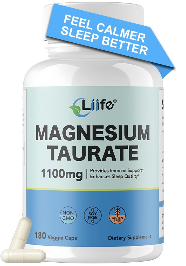 LIIFE Magnesium Taurate 1100mg -180 Vegetarian Capsules-200MG Elemental Magnesium Per Serving - Supports restful Sleep & Helps Maintain Healthy Muscle Function
