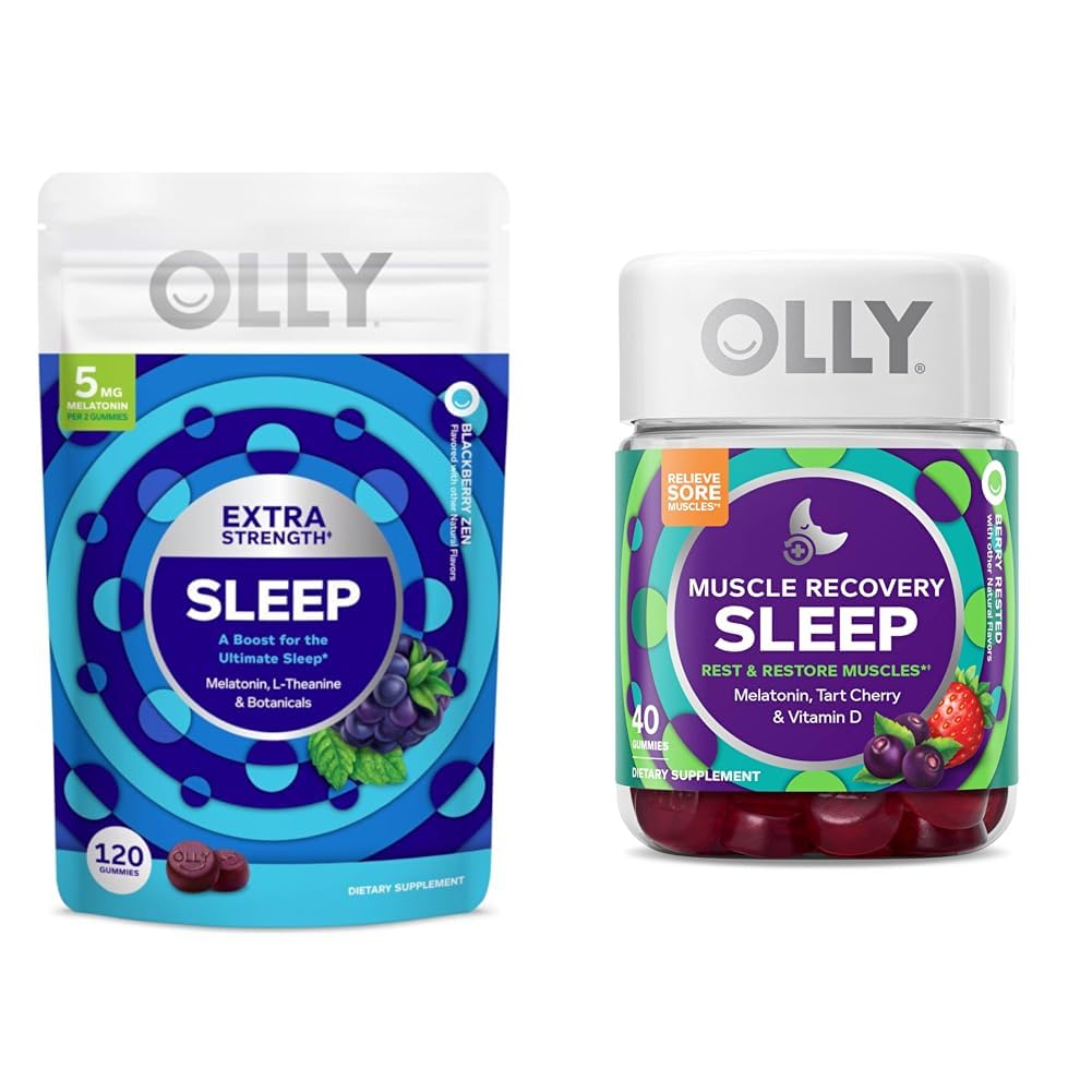 OLLY Extra Strength Sleep Gummy with Melatonin, L-Theanine, Chamomile, Lemon Balm, BlackBerry Flavor - 120 Count & Muscle Recovery Sleep Gummies with Melatonin, Tart Cherry, Vitamin D, Berry Flavor - 40 Count Bundle