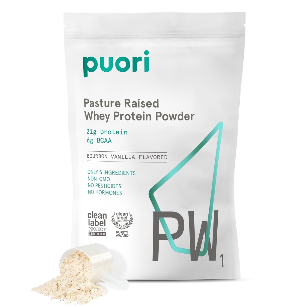 Puori Whey Protein Powder, Bourbon Vanilla - PW1 Pasture-Raised, Grass-Fed Whey Protein Powder Drink Mix containing BCAA Amino Acids - Post-Workout Supplement for Muscle Gain & Recovery - 30 Servings
