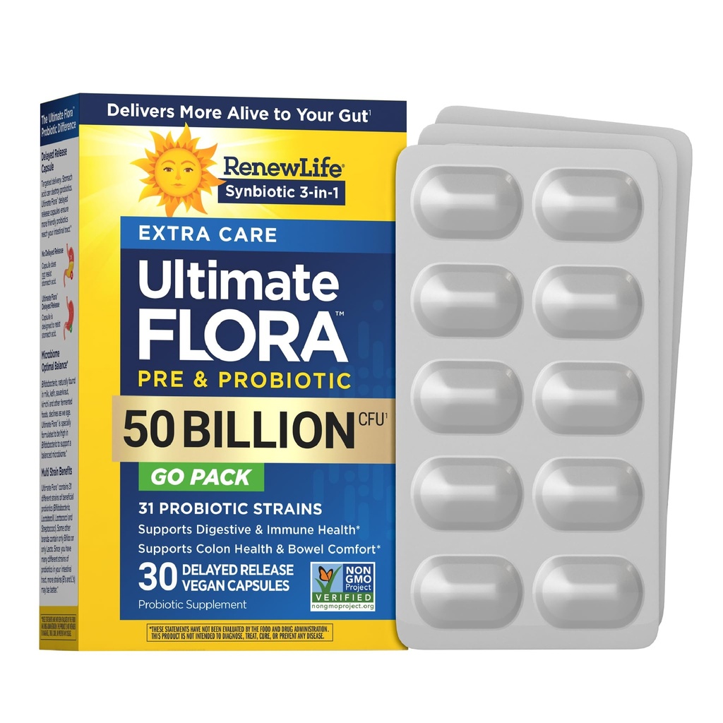 Renew Life Extra Care Go-Pack Probiotic Capsules, Dagelijkse Supplement Ondersteunt Immune, Digestieve en Respiratoire Gezondheid, L. Rhamnosus GG, Zuivel, Soja en glutenvrij, 50 miljard CFU, 30 Ct