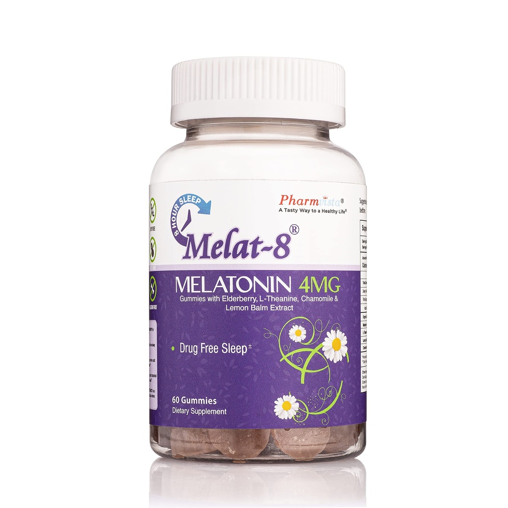 Melat-8 Gummies - Melatonin 4mg, Elderberry, Theanine, Chamomile and Lemon Balm for Sleep Support - 60 Count