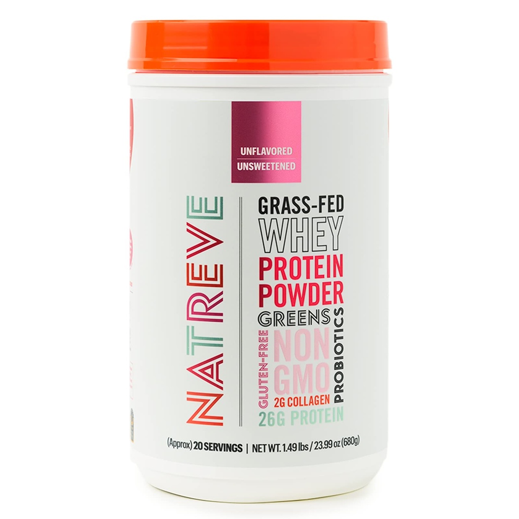 Natreve Whey Protein Powder - 26g Grass-Fed Whey Protein with Amino Acids, Probiotics & Collagen - Gluten Free & Unflavored, 20 Servings