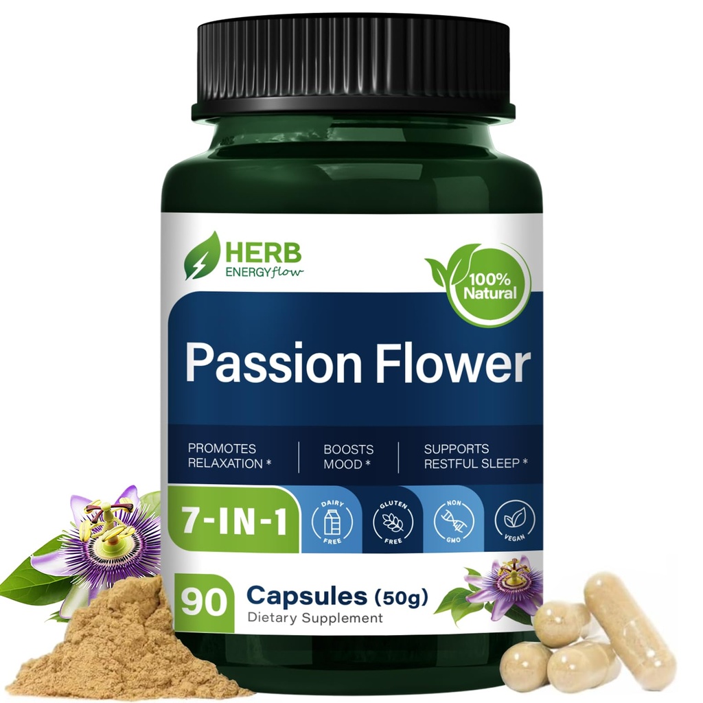 HERBENENERGYflow Passion Flower Extract Capsules, 90 Count. Health Supplement for Relaxation Support, Boosting Mood & Restful Sleep Support. | Non-GMO, Vegetarian Capsules w/Lavender Chamomile.