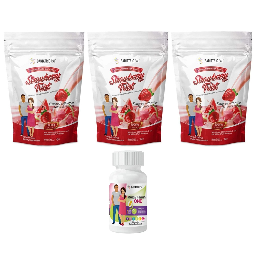 BariatricPal 90-Day Bariatric Vitamin Bundle (Multivitamin ONE 1 per Day! Capsule with 60mg Iron and Calcium Citrate Soft Chews 500mg with Probiotics - Strawberry Twist)