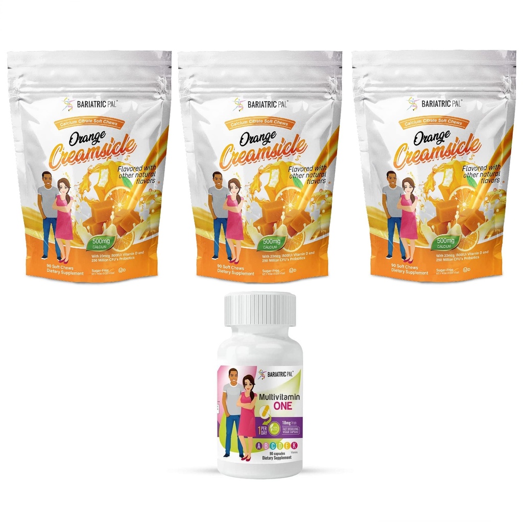 BariatricPal 90-Day Bariatric Vitamin Bundle (Multivitamin ONE 1 per Day! Capsule with 18mg Iron and Calcium Citrate Soft Chews 500mg with Probiotics - Orange Creamsicle)