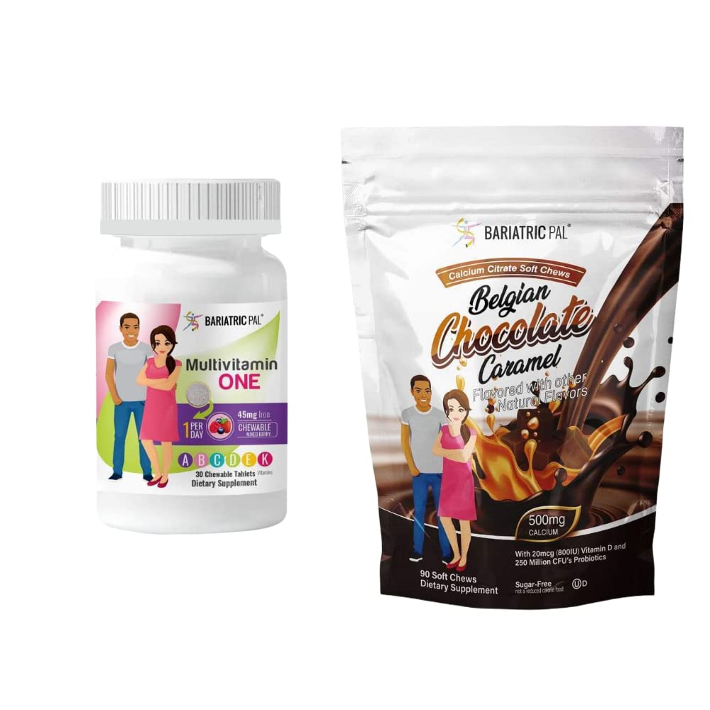 BariatricPal 30-Day Bariatric Vitamin Bundle (Multivitamin ONE 1 per Day! Chewable with 45mg Iron - Mixed Berry and Calcium Citrate Soft Chews 500mg with Probiotics - Belgian Chocolate Caramel)
