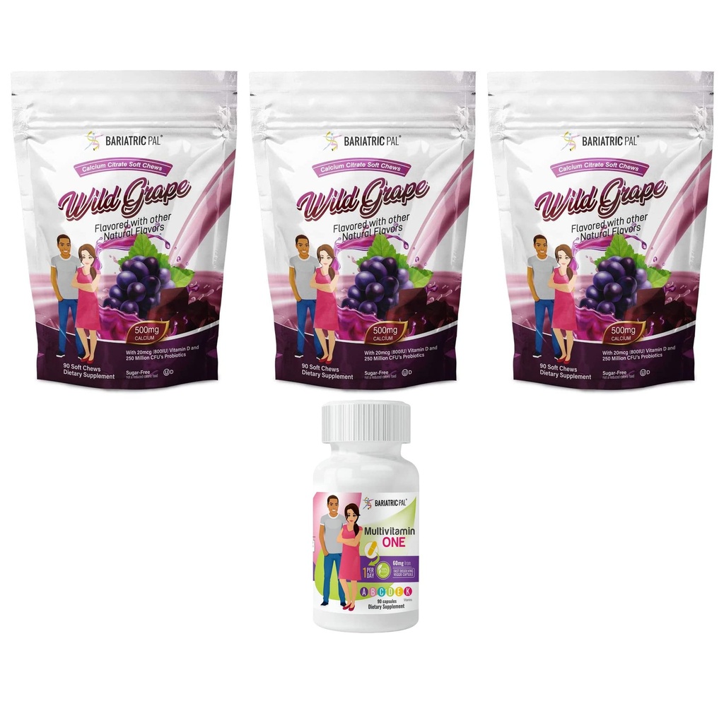 BariatricPal 90-Day Bariatric Vitamin Bundle (Multivitamin ONE 1 per Day! Capsule with 60mg Iron and Calcium Citrate Soft Chews 500mg with Probiotics - Wild Grape)