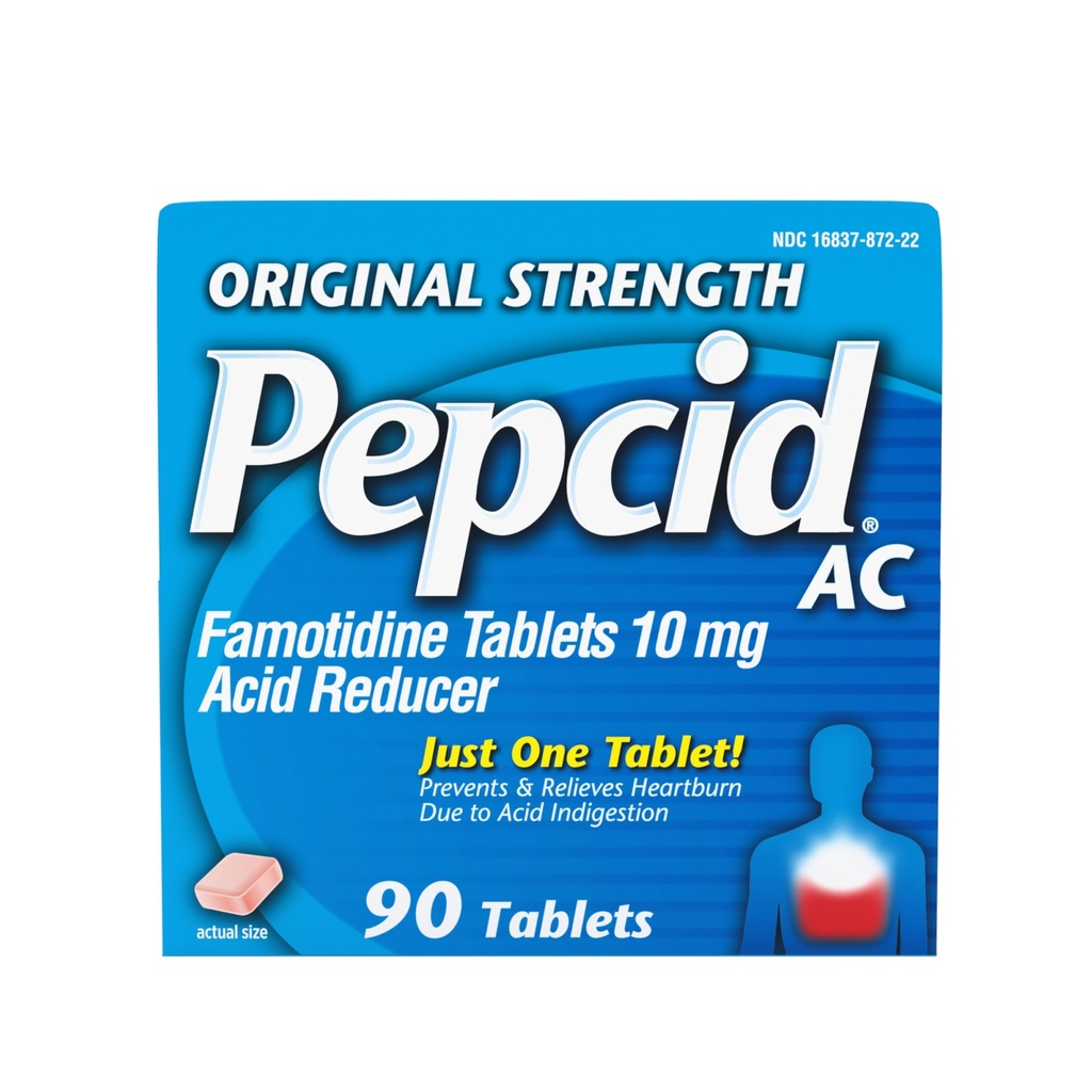 Pepcid AC Original Strength Heartburn Relief Tablets, OTC Medicine Voorkomt & Relieves Heartburn Vanwege zuur indigestie & Zure Maag, 10 mg Famotidine Acid Reducer, Snelwerkende, 90 st.