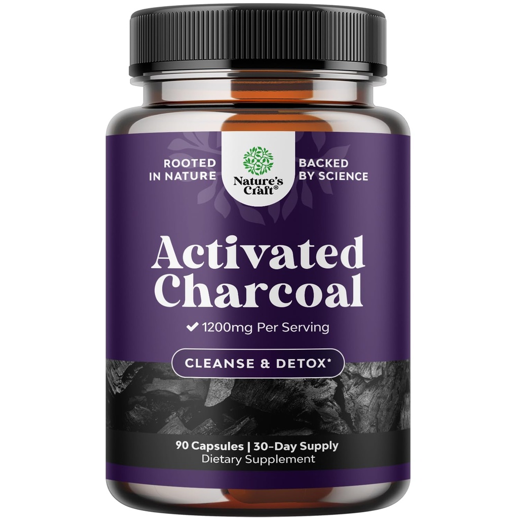 Natures Craft Activated Charcoal Pills Detox & Cleanse - Purifying Coconut Capsules with 1200 mg Per Serving for Bloating Relief - Active Detox Supplement for Body & Gut Health - 90 Count