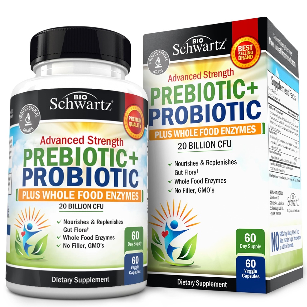 Advanced Prebiotics and Probiotics for Women & Men, Immune, Digestive & Gut Health with L. Reuteri, Inulin Fiber, Digestive Enzymes, Non-GMO, Gluten-Free, Dairy-Free, 60 Capsules
