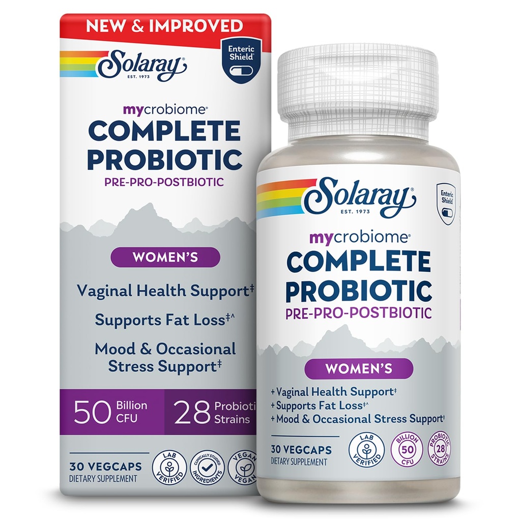 SOLARAY Mycrobiome Complete Probiotic Women’s Formula - Vaginal Probiotics for Women Plus Pre and Postbiotic - 50 Billion CFU, 28 Strains - Vegan, Gluten Free - 30 Serv, 30 VegCaps