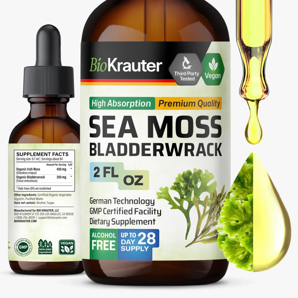 BIO KRAUTER Irish Sea Moss Drops - Chondrus Crispus Sea Moss Supplement with Bladderwrack - Alcohol & Sugar Free Jodium Supplement - 2 Fl.Oz.